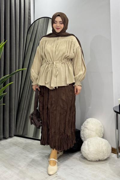 Lia Gömlek Bej X Kraş Etek Kahve