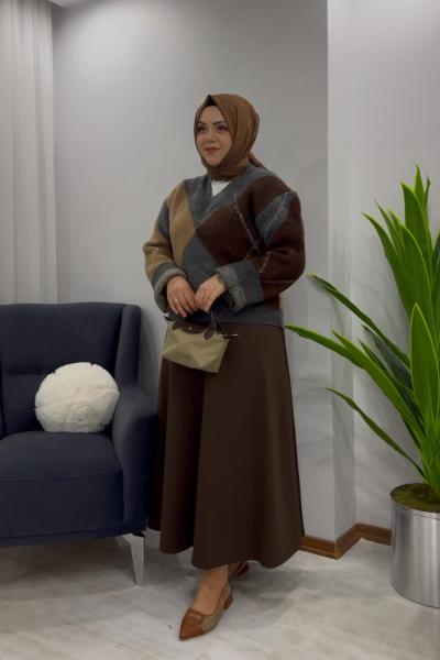 Baklava Desen Kazak Kahve X Scuba Etek Kahve