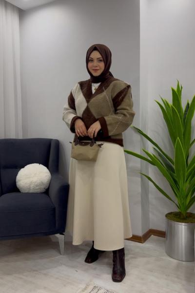 Baklava Desen Kazak Vizon  X Scuba Etek Bej