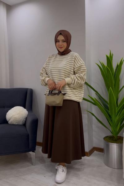 Çizgili Sweat Vizon - Scuba Etek Kahve