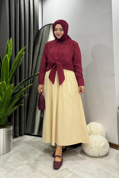 Bağlama gömlek bordo - poplin etek bej kombin indirimi !