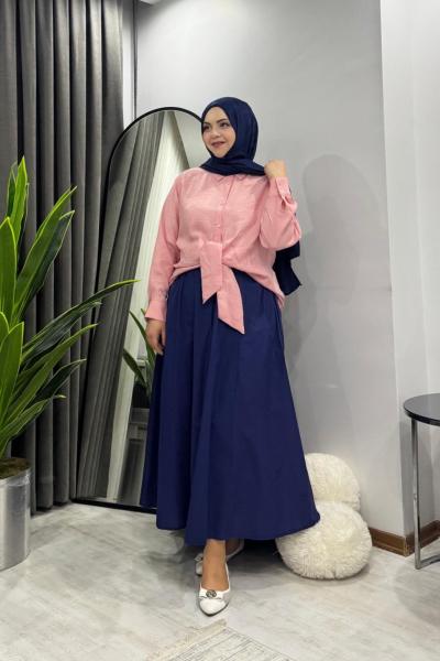 Bağlama gömlek pudra - Poplin Etek Lacivert kombin indirimi !