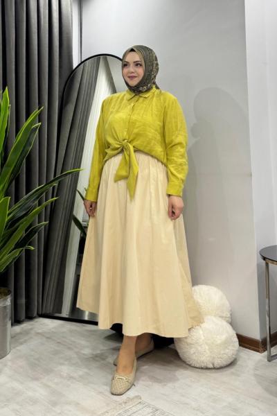 Bağlama gömlek yağ yeşili - poplin etek bej kombin indirimi !