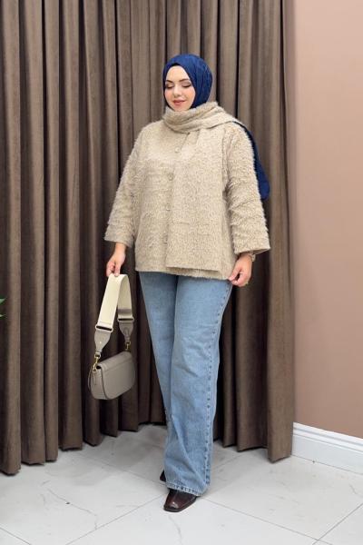 Atkılı Peluş Ceket - Bej