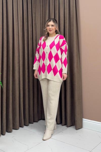 Baklava Desen Triko Takım - Fuşya