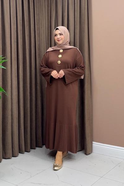 Broşlu Merserize Elbise - Acı Kahve