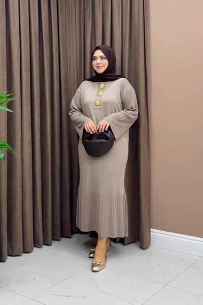 Broşlu Merserize Elbise - Vizon