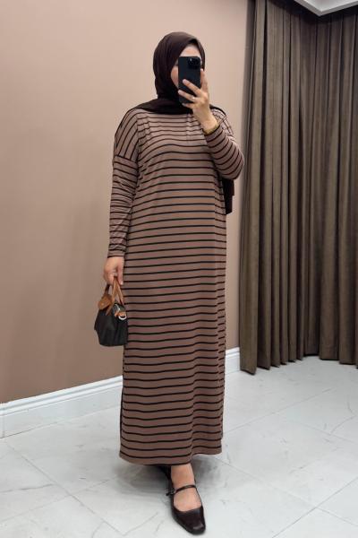 Çizgili Elbise - Kahve