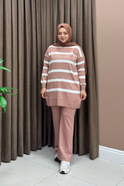 Çizgili Loren Takım - Pudra