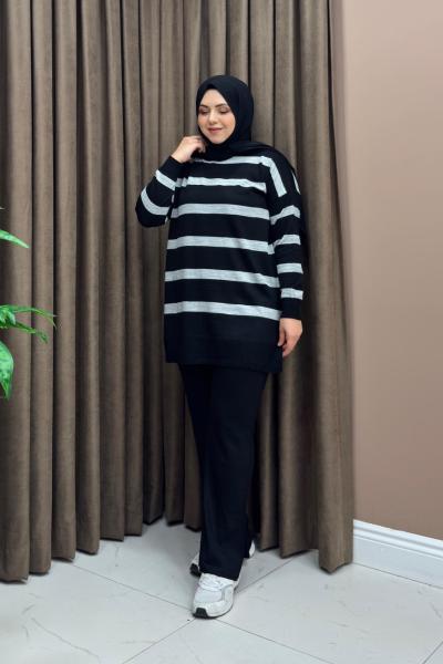 Çizgili Loren Takım - Gri siyah