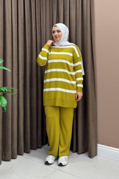 Çizgili Loren Takım - Yağ Yeşili