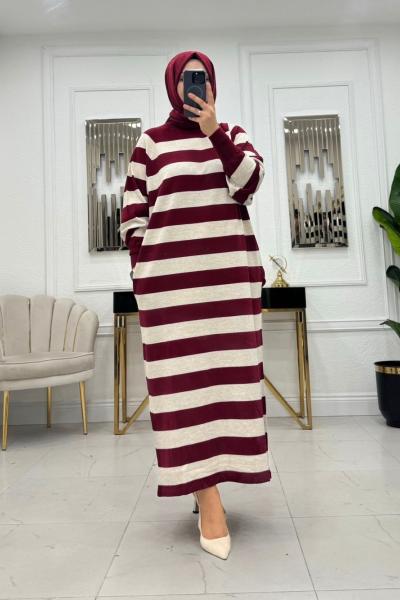 Çizgili Triko Elbise - Bordo