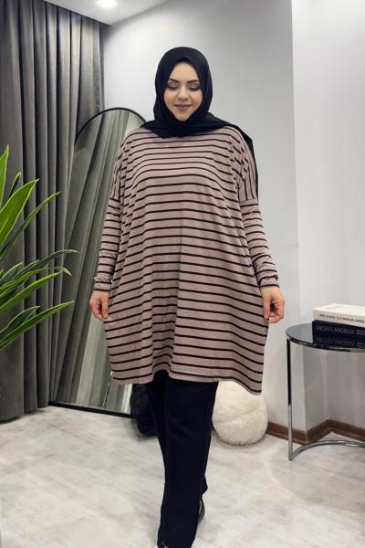 Çizgili Tunik - Vizon