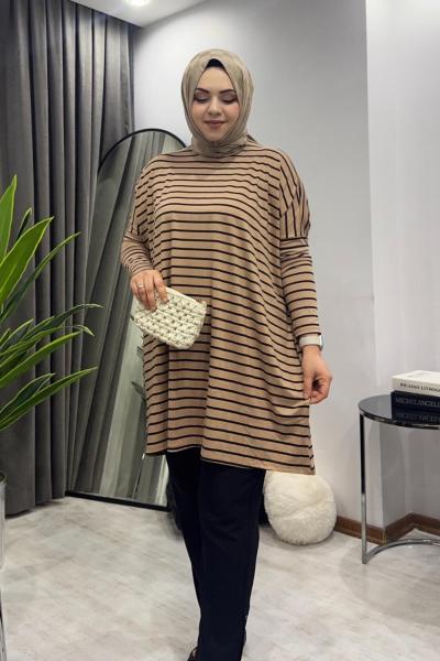 Çizgili Tunik - Camel