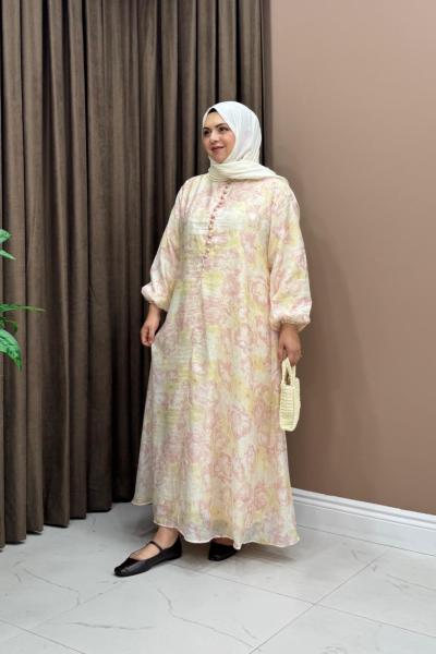 Desenli Zoe Elbise - Pudra