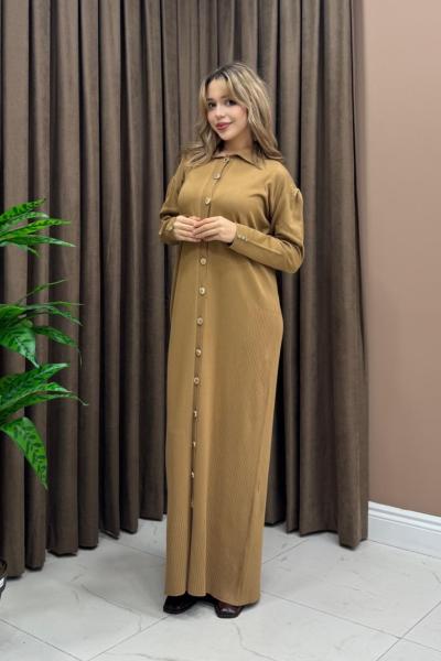 Düğmeli Uzun Hırka - Elbise - Camel