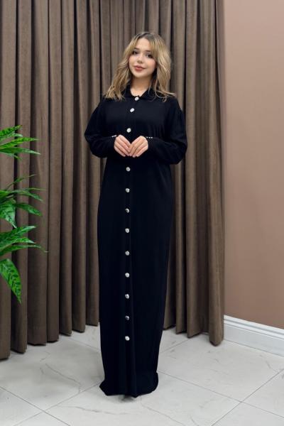 Düğmeli Uzun Hırka / Elbise - Siyah