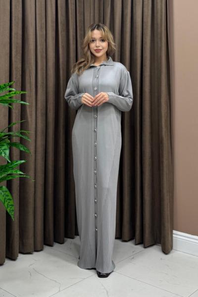 Düğmeli Uzun Hırka / Elbise - Gri