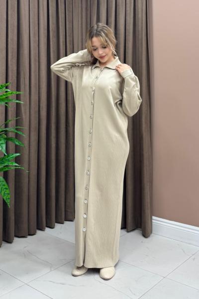 Düğmeli Uzun Hırka / Elbise - Bej