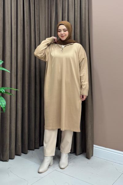 Fermuarlı Merserize Tunik - Camel
