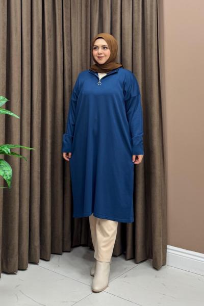 Fermuarlı Merserize Tunik - Saks