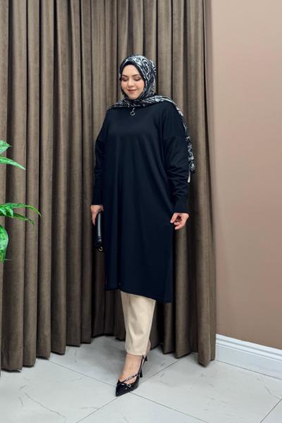 Fermuarlı Merserize Tunik - Siyah