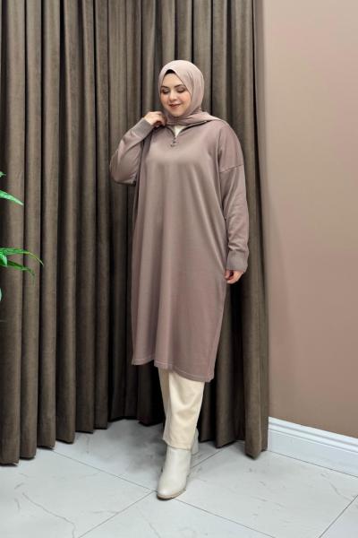 Fermuarlı Merserize Tunik - Vizon