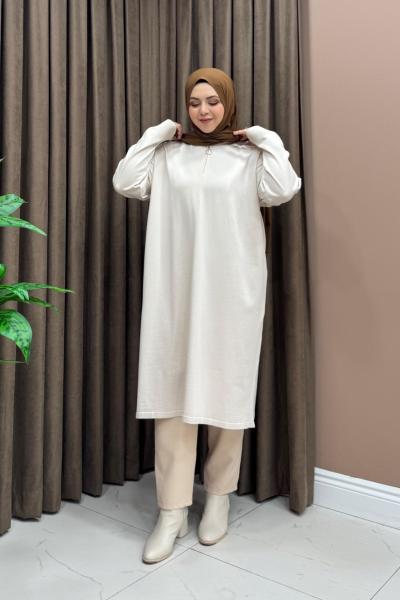 Fermuarlı Merserize Tunik - Taş