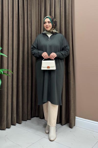 Fermuarlı Merserize Tunik - Haki