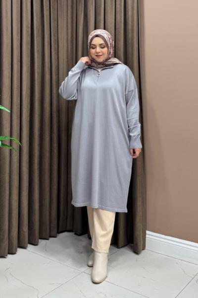 Fermuarlı Merserize Tunik - Gri