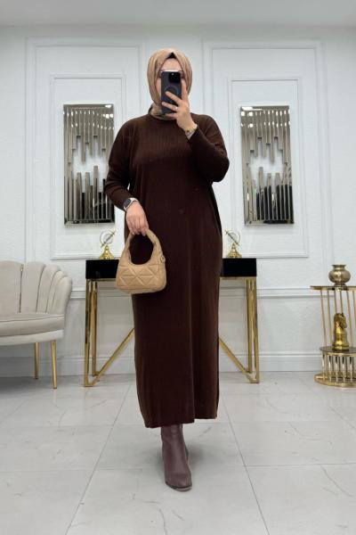 Fitilli Triko Elbise - Acı Kahve