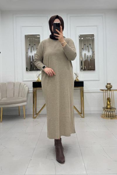 Fitilli Triko Elbise - Bej