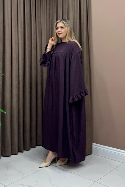 Kolu Fırfır Elbise - Koyu Mor