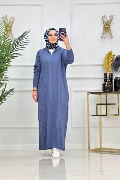 Leyla Triko Elbise - İndigo Mavi