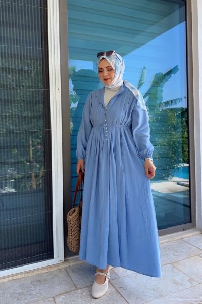 Nervürlü Lina Elbise - Bebe Mavisi