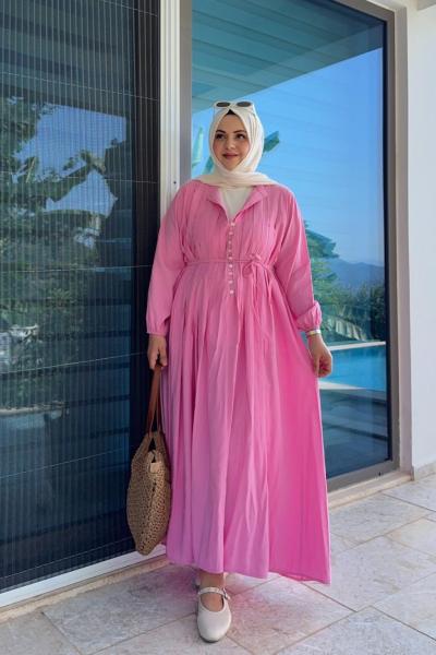 Nervürlü Lina Elbise - Pembe