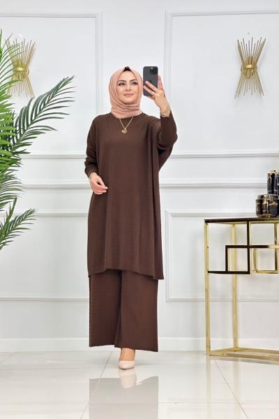 Saç Örgü Battal Triko Takım - Kahverengi