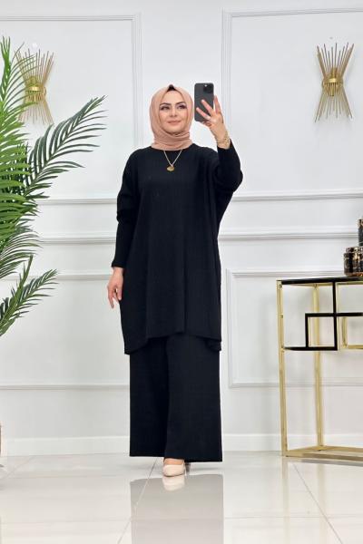 Saç Örgü Battal Triko Takım - Siyah