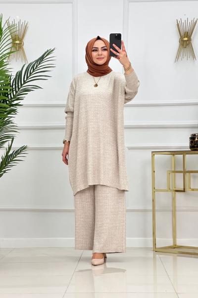 Saç Örgü Battal Triko Takım - Bej