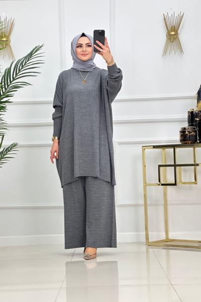 Saç Örgü Battal Triko Takım - Antrasit