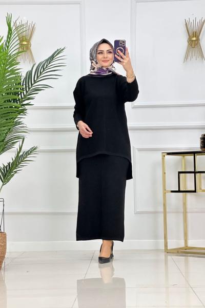 Sare Etekli Triko Takım - Siyah