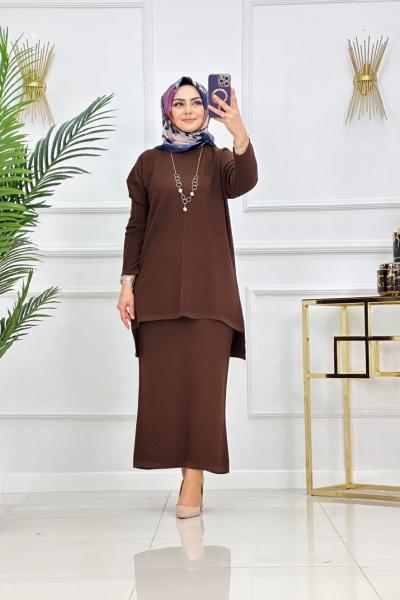 Sare Etekli Triko Takım - Kahverengi