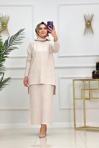 Sare Etekli Triko Takım - Bej