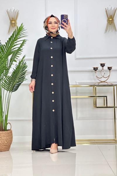 Tahta Düğmeli Ferace - Siyah