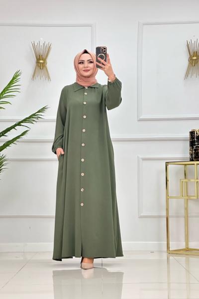 Tahta Düğmeli Ferace - Haki